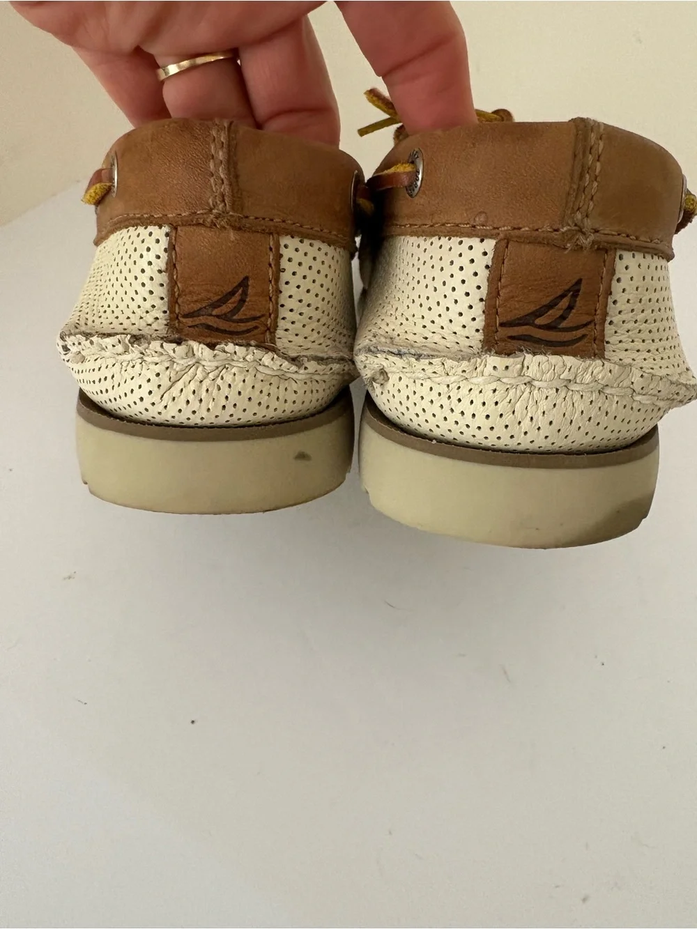Sperry Two-Tone Boat shoes. Perforated cream and tan leather. 2 Eye. Size 8.5M